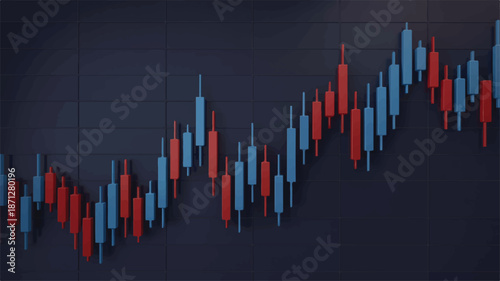 3D Red and Blue Candlestick Stock Chart on Dark Grid Background stock market finance