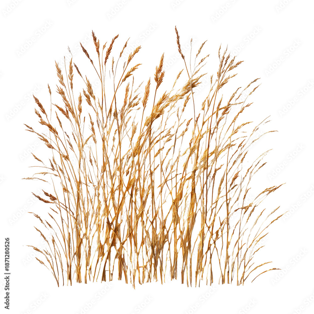 Fototapeta premium Close-up of a cluster of dried, light brownish-tan grasses or reeds. Dense, spiky, and feathery textures