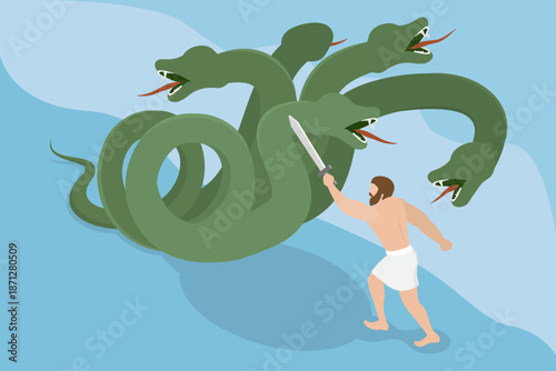 3D Isometric Flat Vector Illustration of Heracles And Hydra, Greek Mythology