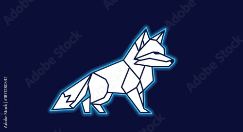 Geometric white fox with neon blue outline against a dark blue background