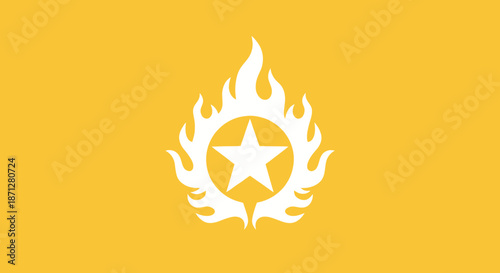 A golden flag with a central white star surrounded by flames