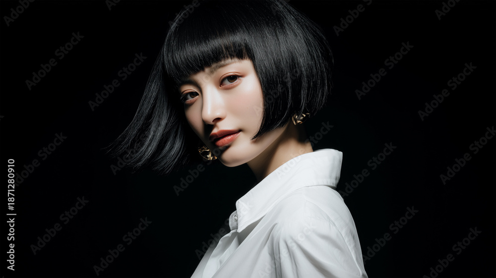 Fototapeta premium 漆黒シームレス前で外ハネボブと白シャツの女性が端正に立つ夜の肖像