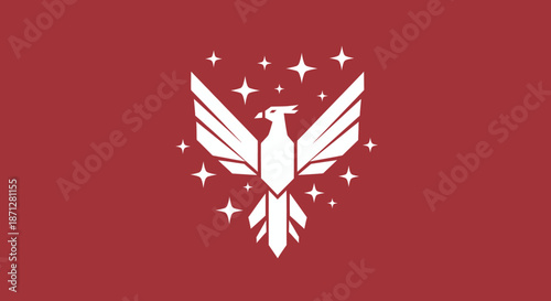 White stylized phoenix surrounded by stars, set against solid red