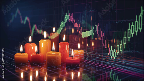 Burning candles in front of a stock market candlestick chart with glowing lines finance