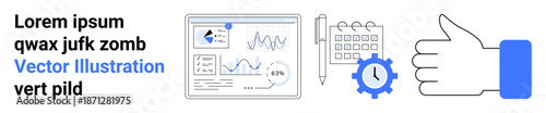 Business strategy, workflow design, data visualization, task planning, productivity, teamwork. Charts, calendar pen gear hand with thumbs up. Business strategy and workflow design concept