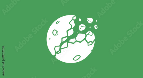Cracked white sphere graphic against green background