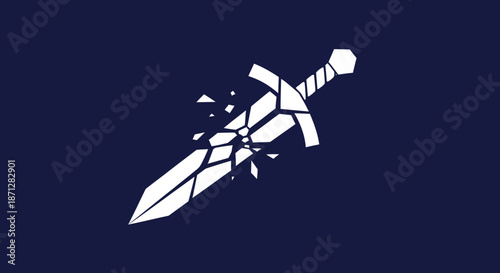 White, fragmented sword on a dark blue field