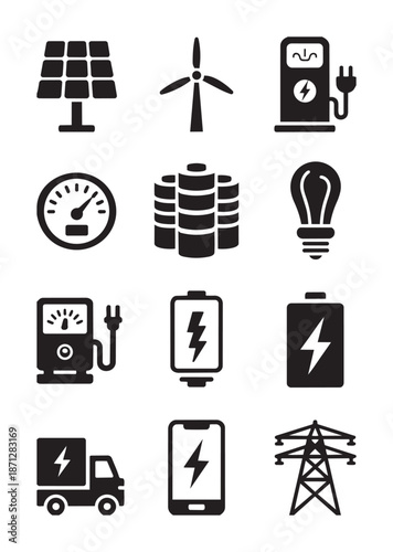 Collection of black representing renewable energy and electricity concepts solar panel