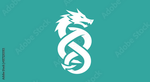 White simplified dragon coiled on a teal background