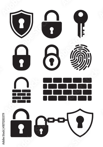 Collection of black security including locks keys fingerprint and shield