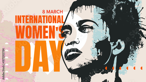 International women's day banner with woman portrait and grunge ink style. Vector illustration