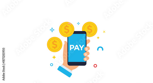 Human hand holding a smartphone with a pay button on the screen surrounded by gold dollar coins for mobile banking.