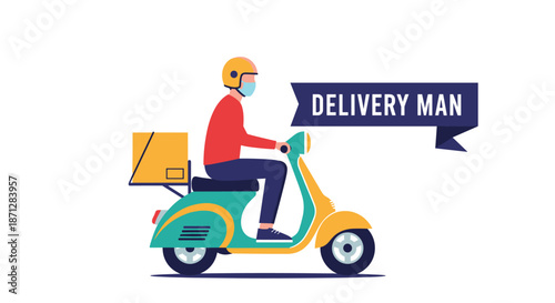 Delivery man wearing a face mask and helmet riding a yellow and green scooter to deliver a package safely.