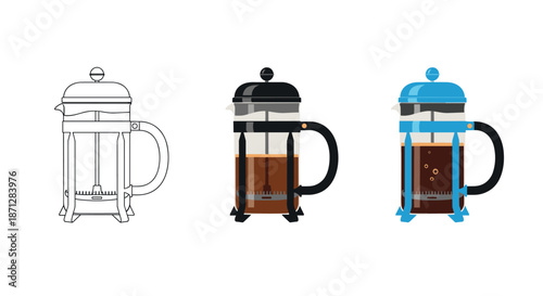 Line art illustrations of several french press coffee makers with different color accents for brewing fresh and tasty coffee.