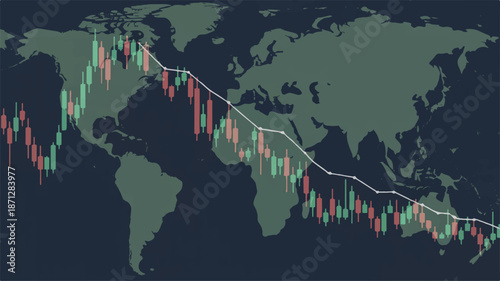 Global Stock Market Downtrend Candlestick Chart Overlay on World Map finance trading