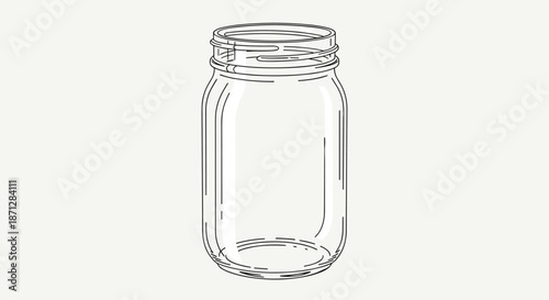 Simple line drawing of an empty glass mason jar with a threaded rim for a lid isolated against an off-white background.