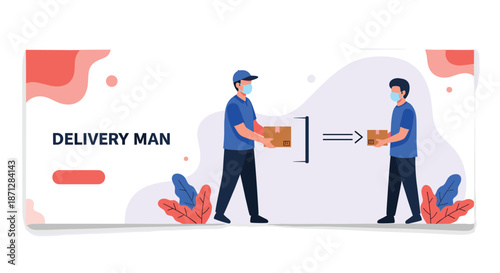 Website banner design showing a delivery man in a mask handing a package to another man to promote safe courier service.