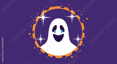 Spooky cartoon ghost character with blue tears appearing inside an orange circular frame on a dark purple background.