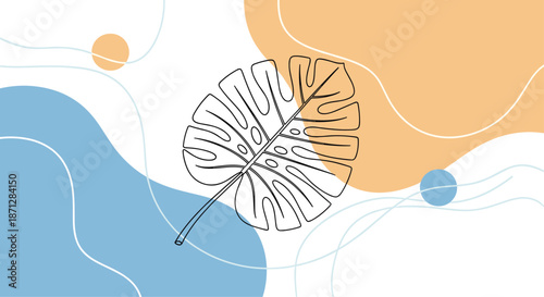 Single monstera leaf outlined in black surrounded by abstract blue and orange organic shapes on a clean white background.