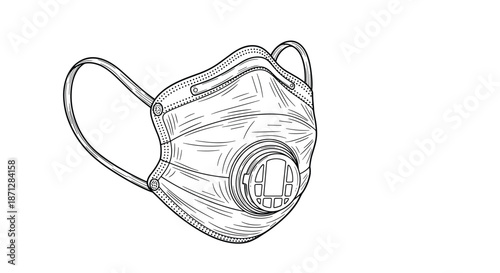 Detailed black and white engraving style illustration of a medical respirator mask for industrial or health protection.