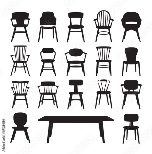 Collection of black silhouette chairs and a table a white furniture