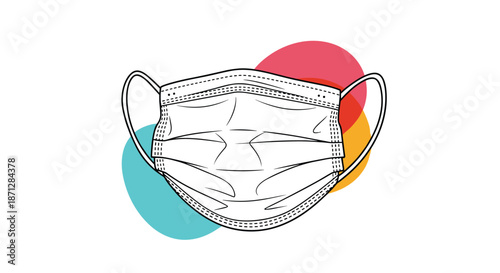 Line drawing of a surgical face mask set against colorful abstract circular shapes in blue, red, and orange for health safety themes.