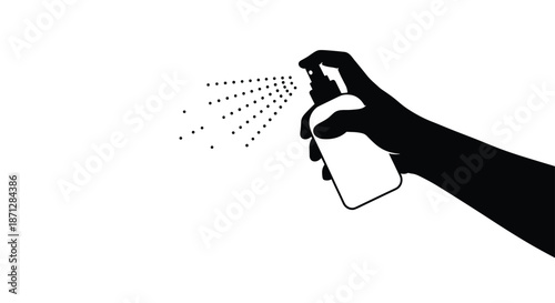 Black silhouette of a hand holding a spray bottle and releasing a mist of liquid representing disinfecting or cleaning actions.