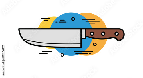 Chef's knife with a brown handle and a silver blade shown against a background of blue and yellow overlapping circles.