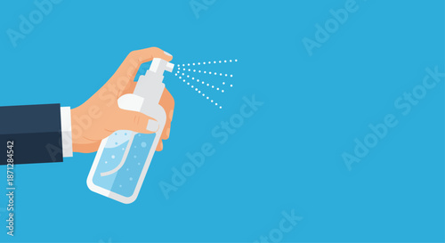 Hand in a business suit sleeve holding a spray bottle and dispensing a fine mist of liquid against a solid blue background.