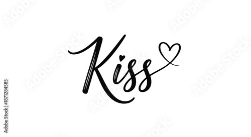 Elegant black cursive lettering of the word kiss with a small heart integrated into the design on a clean white background.