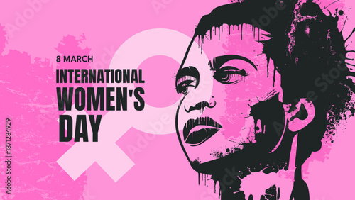 International women's day banner with woman portrait and grunge ink style. Vector illustration