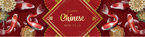 chinese new year banner with koi fishes and flowers