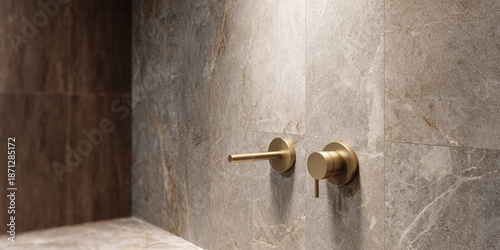 Warm gray marble brass faucet minimalist bathroom stone tile modern shower luxury interior natural texture wall mounted elegant design soft light