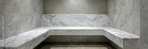 Marble shower floating bench steam room spa interior minimal design grey stone luxury bathroom tile wall clean surface modern style Serene marble shower with floating bench spa interior