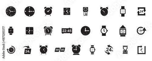 Set of black time and clock icons analog, digital, alarm clocks, smartwatches, and 24hour service symbols