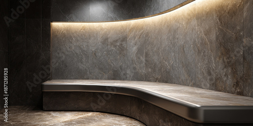 Marble shower area curved glass wall soft light dark stone modern bathroom luxury spa curved bench warm glow sleek design minimalist style. Marble shower area with curved glass wall and soft light