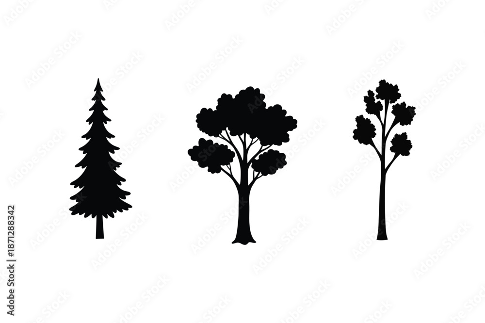 Obraz premium Three tree silhouettes against a white background featuring a pine deciduous and leafy tree silhouette