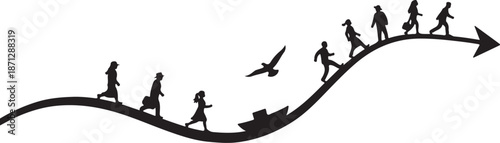 Silhouette of people running on wavy arrow path together