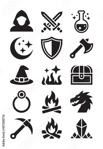 Collection of fantasy game including a hooded figure swords shield axe potion moon stars witch hat fire dragon ring