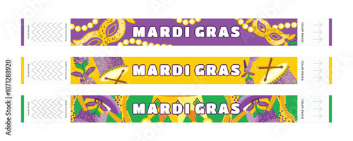 Mardi Gras Carnival Wristband Set for Festival and Party Entry with Masks, Costumes, Drums, Shoes, Hats, Crowns, Beads and Feathers
