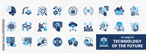 Set of a collection of technology of the future icons suitable for web and mobile application. Set of glyph blue style icons with neurologic, architect, analyst, cybersafe, and more icons