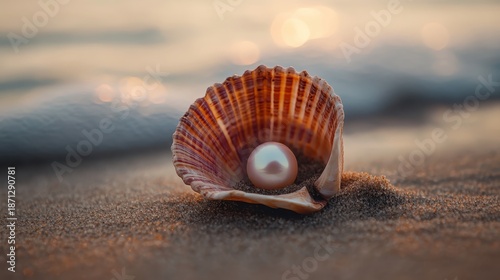 A single lustrous pearl nestled within a delicate seashell on a sandy beach at sunset