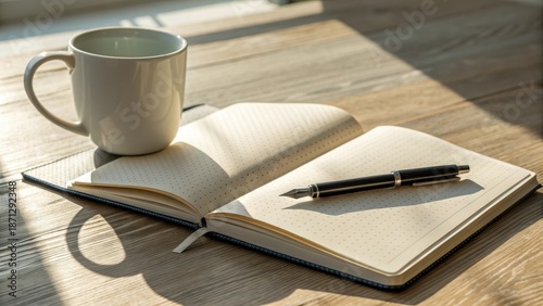 A white coffee mug rests beside an open notebook with a pen on a wooden table bathed in soft light.