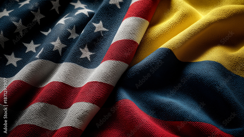 Fototapeta premium Cultural exchange event colombia flags of nations textile art close-up view unity and diversity concept