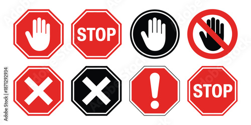 Stop red sign icon with white hand, do not enter, warning stop sign stock vector illustration for traffic safety, road warning, prohibition, and public alert.