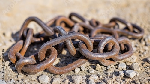 Close up of oxidized metal chains with rusty links scattered loosely on a textured ground surface