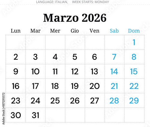 2026 March Italian calendar planner – Marzo. Month vector illustration Italy