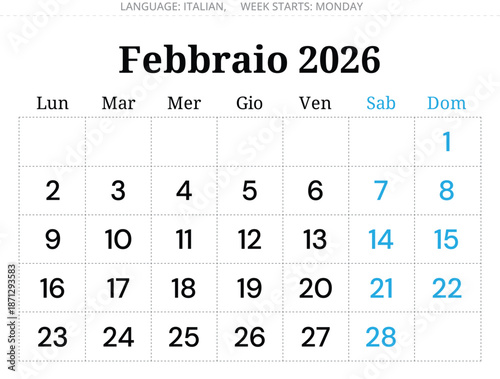 2026 February Italian calendar planner – Febbraio. Month vector illustration Italy