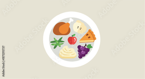 Flat Vector Illustration of a Festive Dinner Plate Featuring Turkey, Mashed Potatoes, Green Beans, Fruits, and Pie