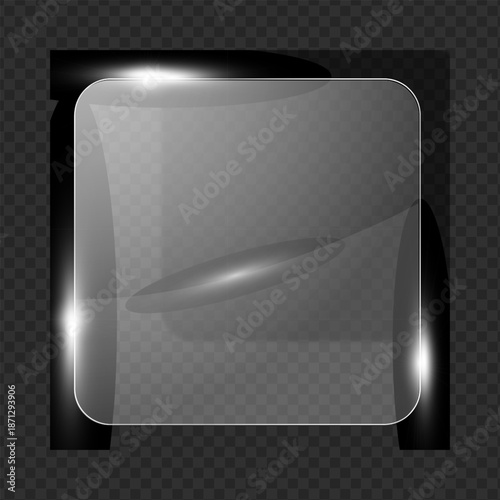 A glossy transparent square glass element with a subtle bright reflection